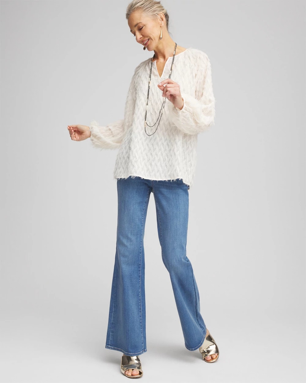 Chico's Women | Feathered Pullover Peasant Blouse ENGLISH CREAM