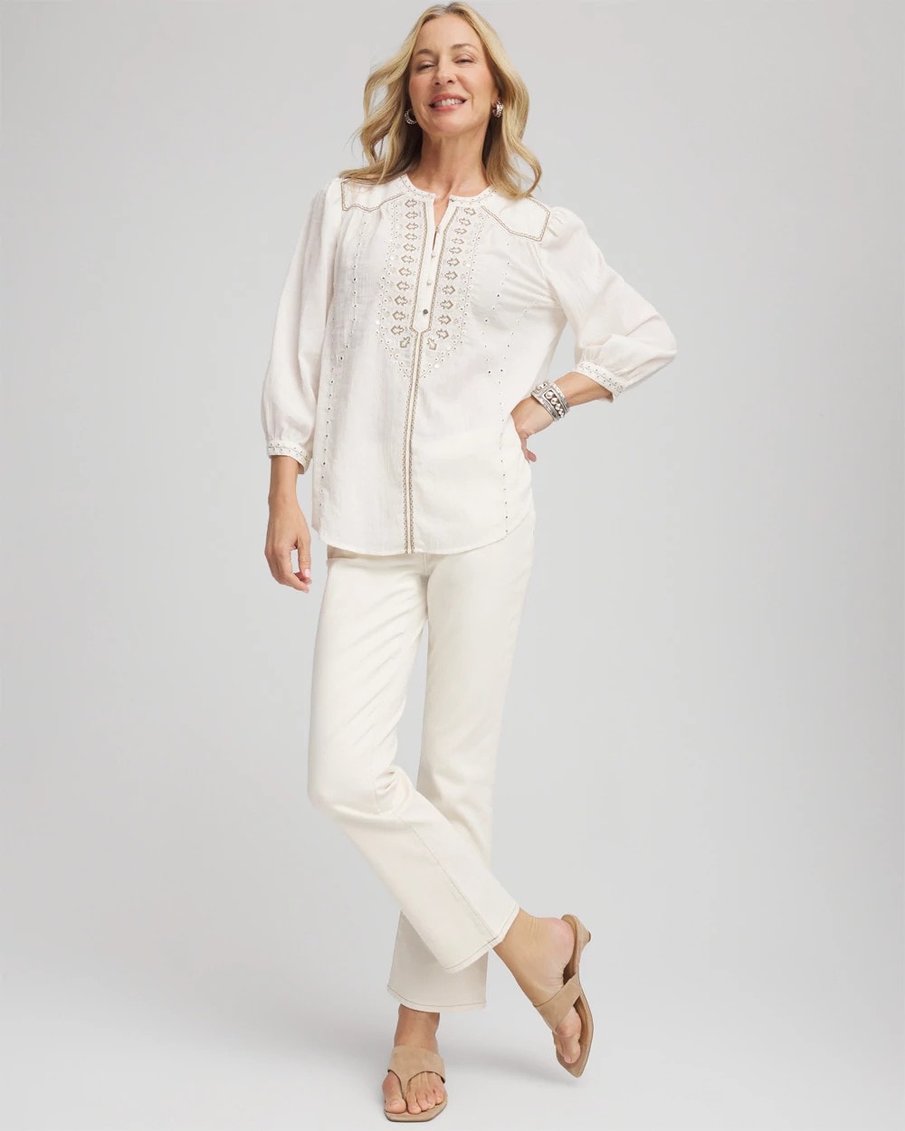 Chico's Women | Embroidered Crinkle-Cotton Blouse ECRU