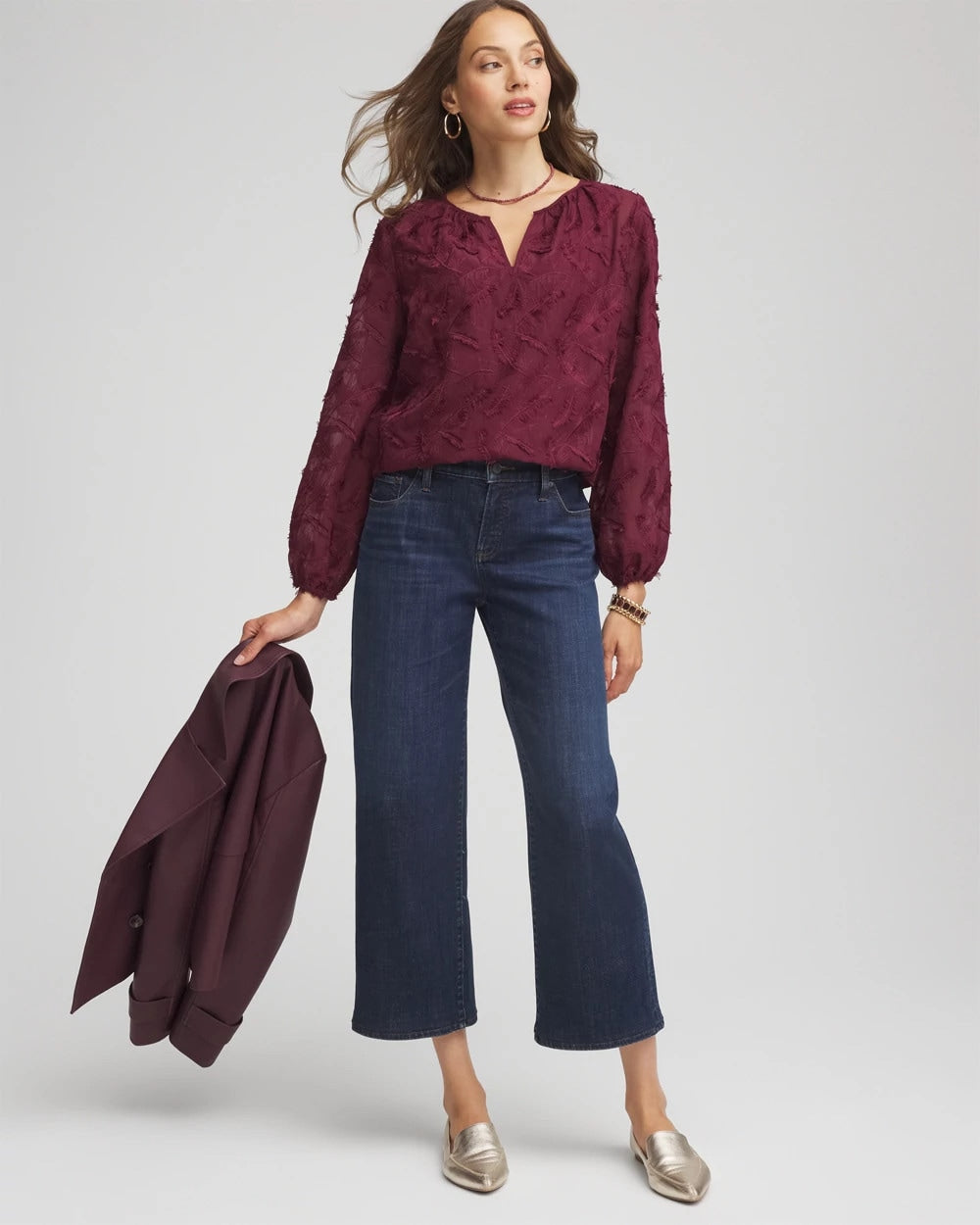 Chico's Women | Feathered Pullover Peasant Blouse DEEP CHIANTI