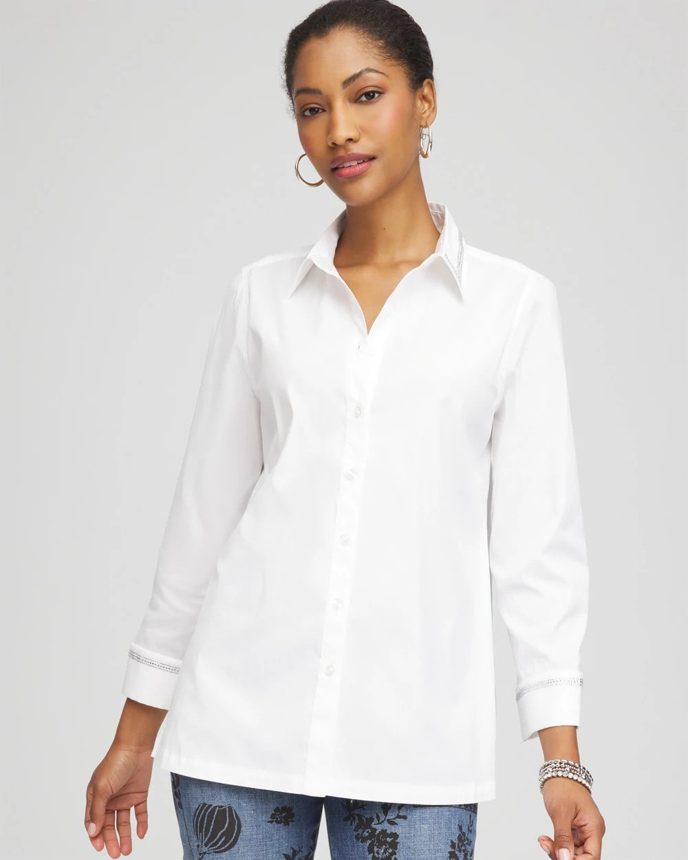 Chico's Women | Rhinestone Embellished Poplin Tunic ALABASTER