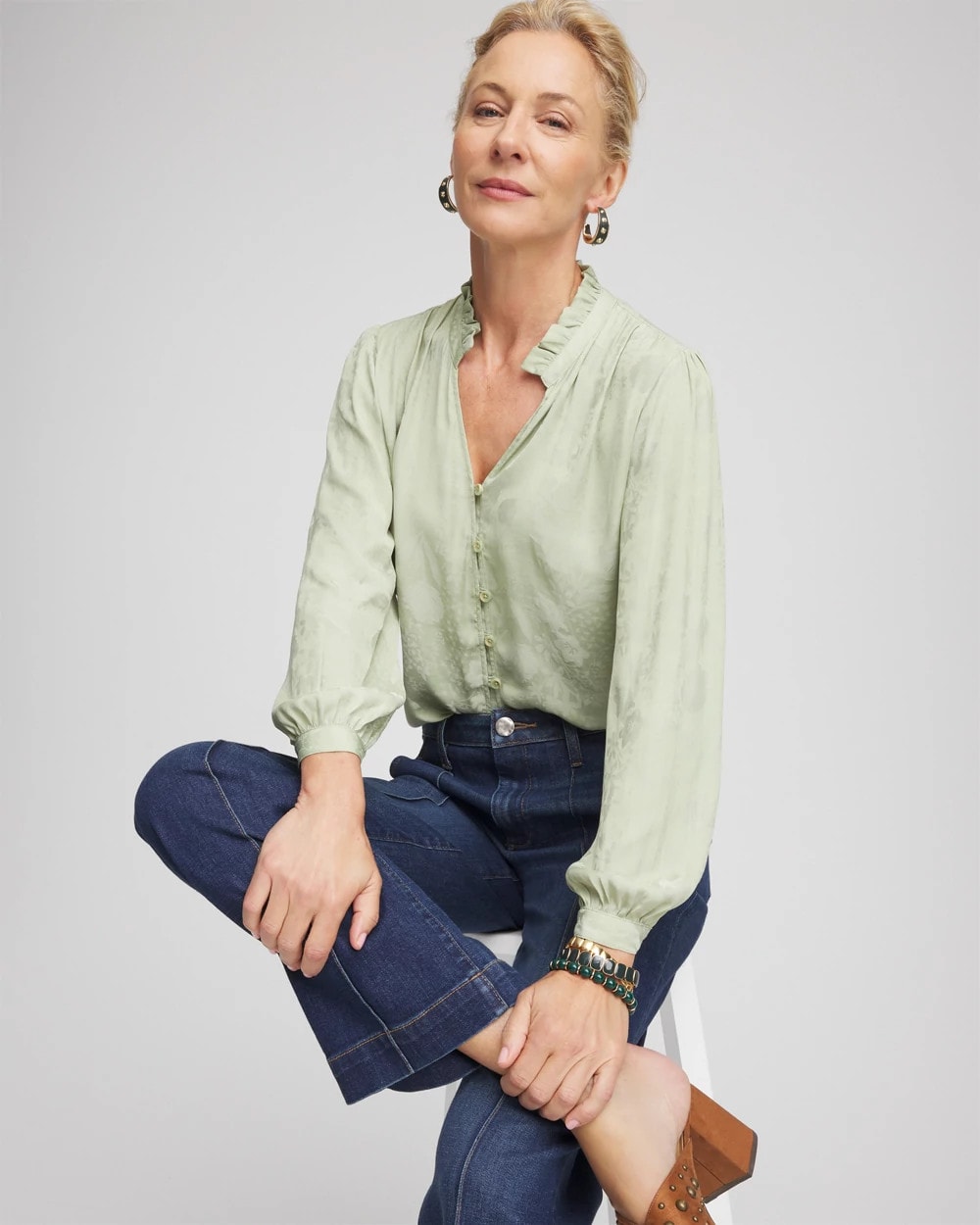 Chico's Women | Jacquard Georgette Peasant Blouse SAGE MEADOW