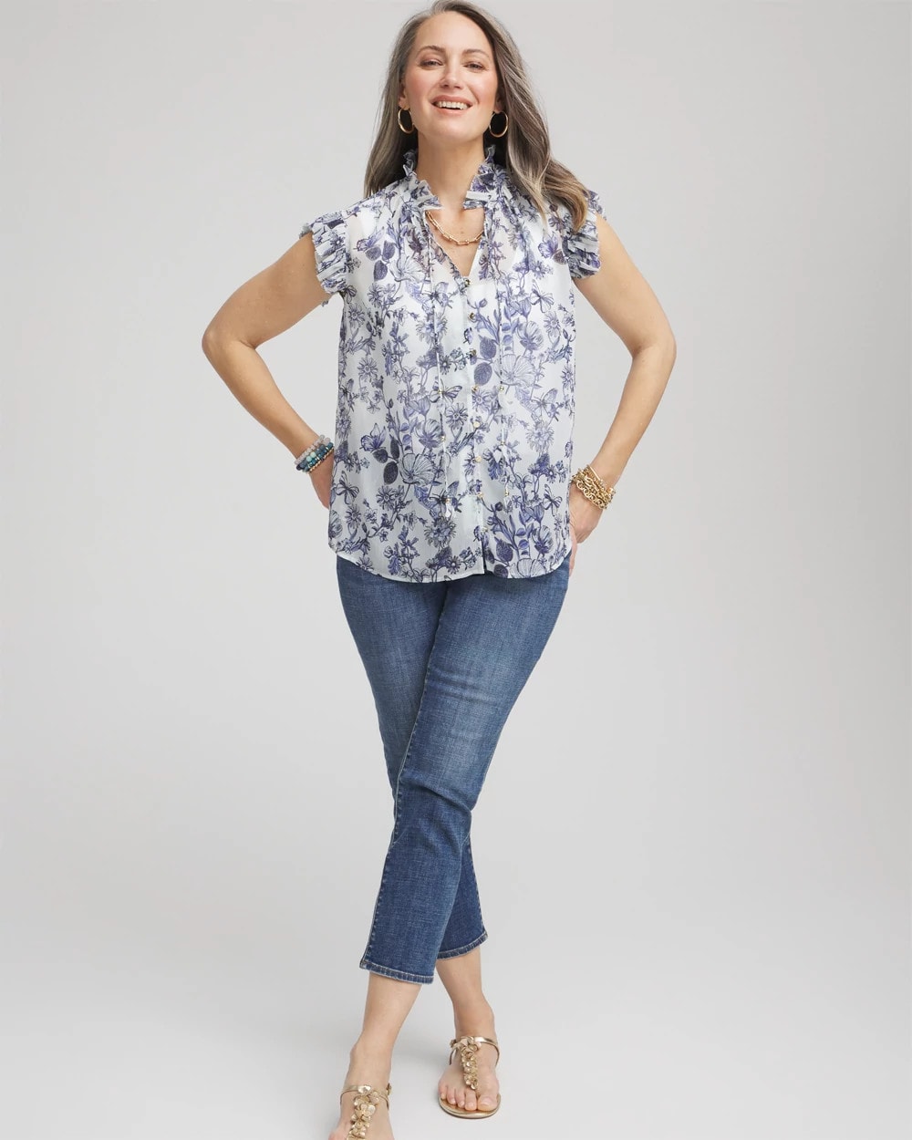 Chico's Women | Butterfly Ruffle Collar Blouse PALE TURQ BLUE