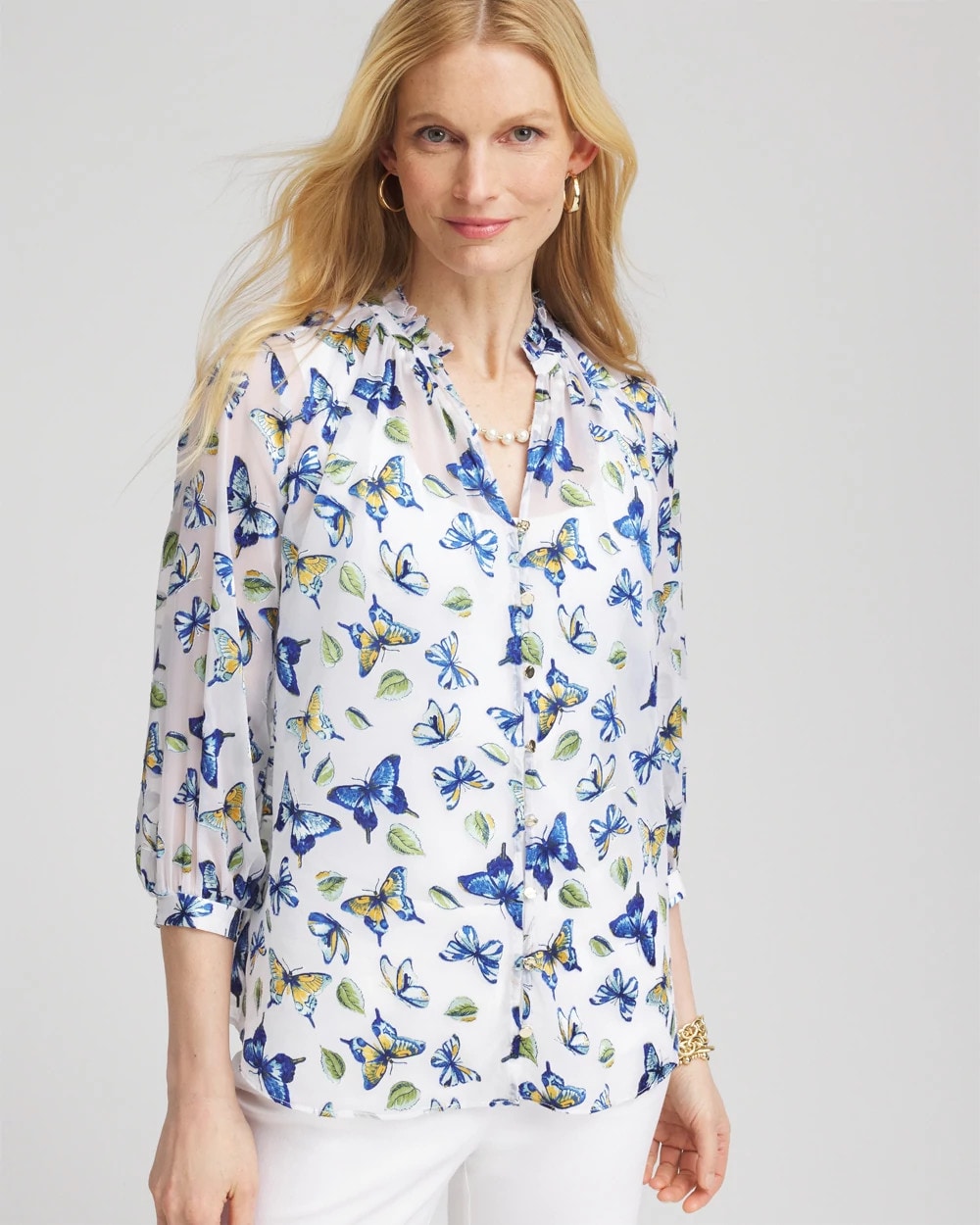 Chico's Women | Ruffle Collar Butterfly Burnout Blouse BLUE CASA