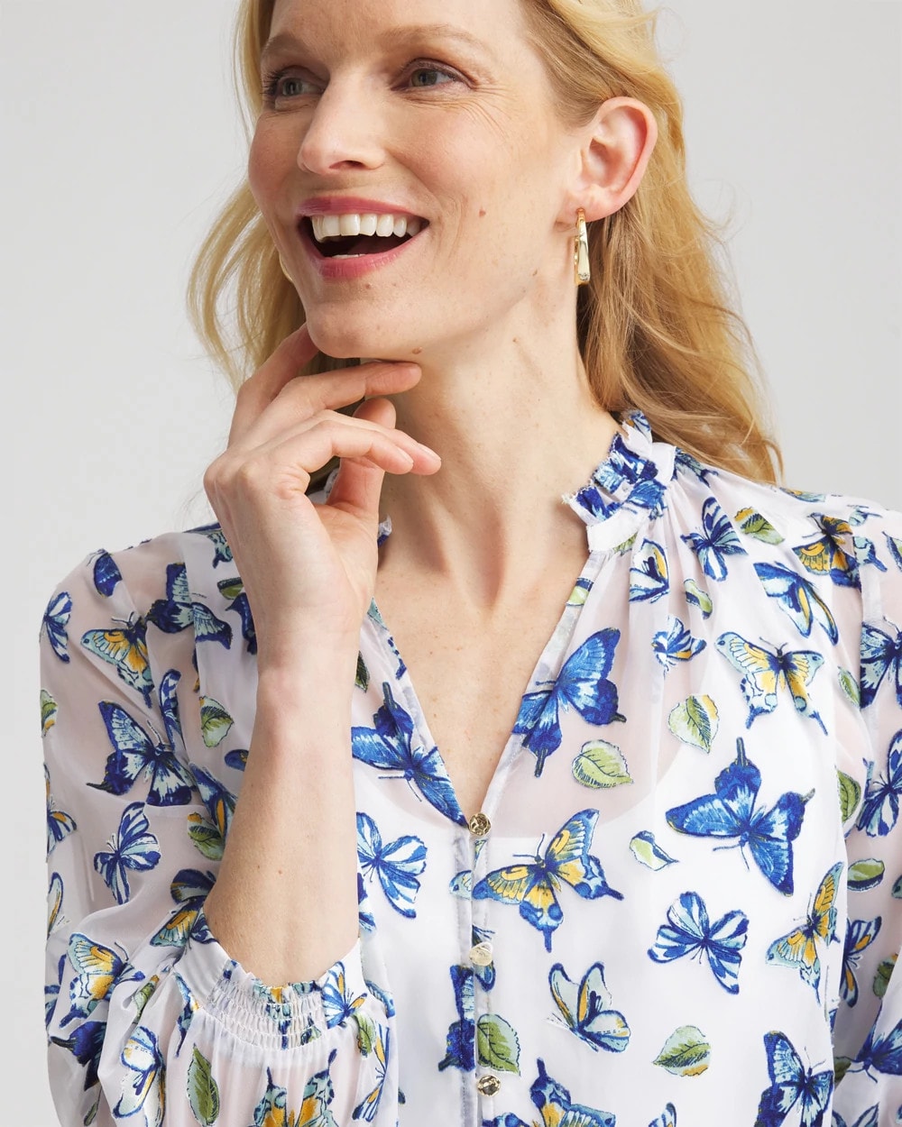 Chico's Women | Ruffle Collar Butterfly Burnout Blouse BLUE CASA