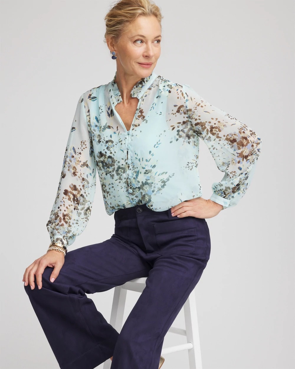 Chico's Women | Floral Georgette Peasant Blouse BLUE MENTHE