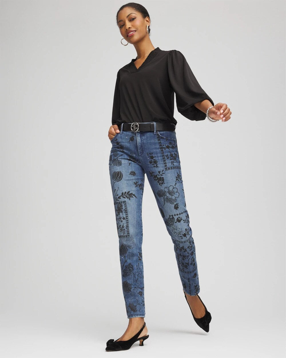 Chico's Women | Mixed-Media Girlfriend Slim Ankle Jeans EMILIA INDIGO