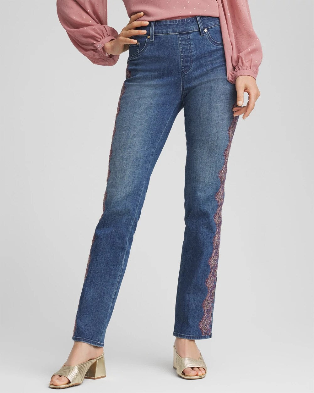 Chico's Women | Lace Embroidered Pull-On Straight Jeans ALPINE INDIGO