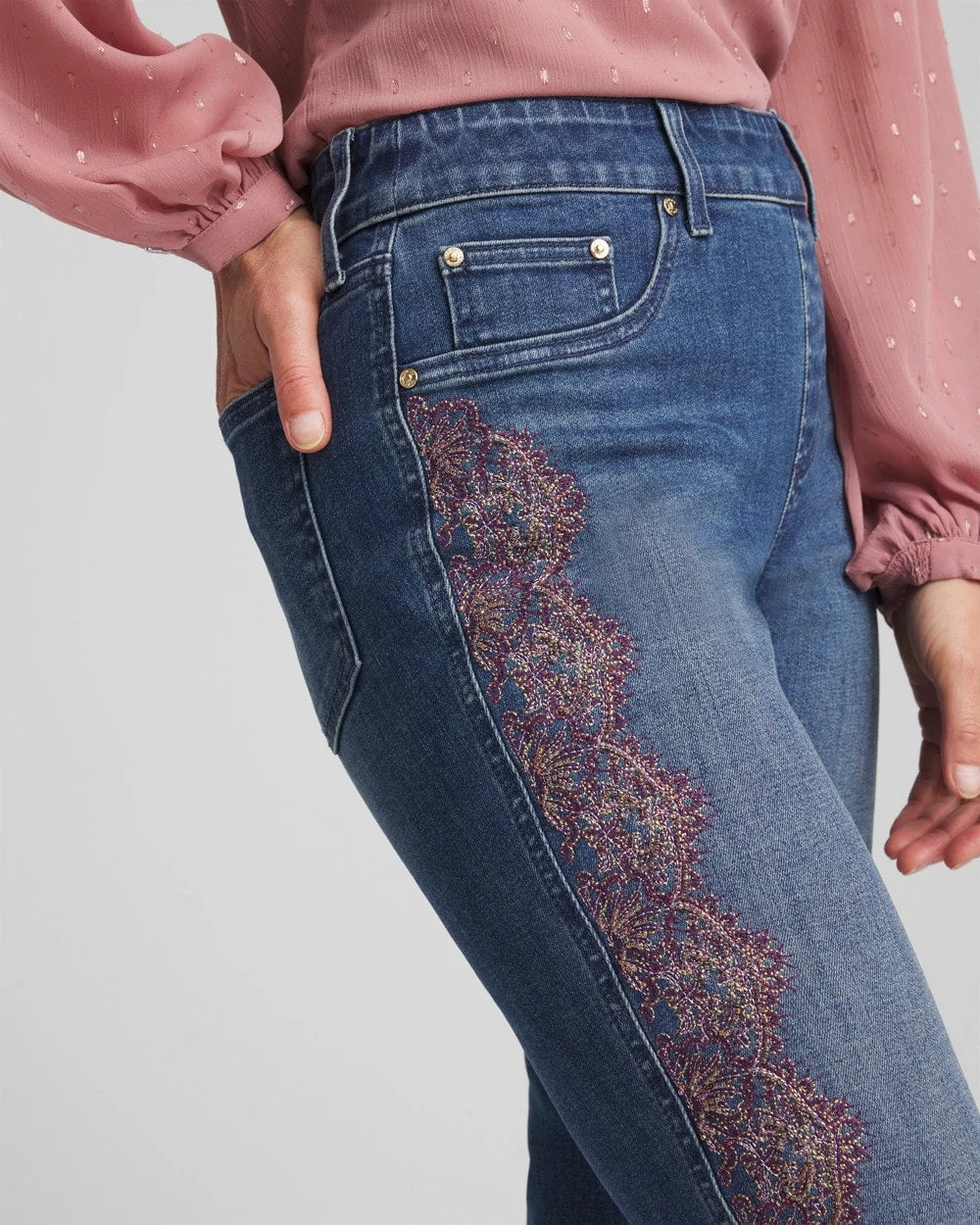 Chico's Women | Lace Embroidered Pull-On Straight Jeans ALPINE INDIGO