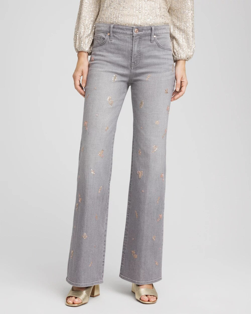 Chico's Women | Rose Gold Embellished Girlfriend Flared Jeans LE HAVRE WASH