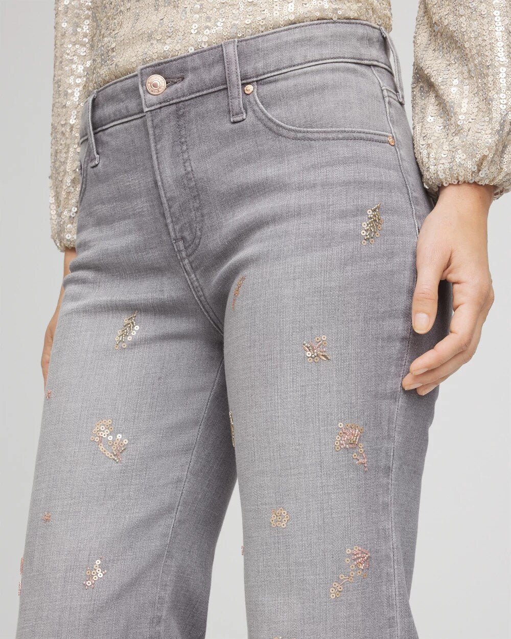 Chico's Women | Rose Gold Embellished Girlfriend Flared Jeans LE HAVRE WASH