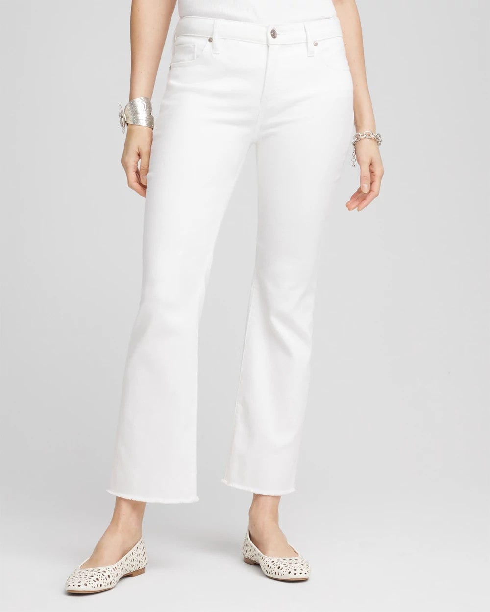Chico's Women | No-Stain Girlfriend Frayed Flared Jeans ALABASTER