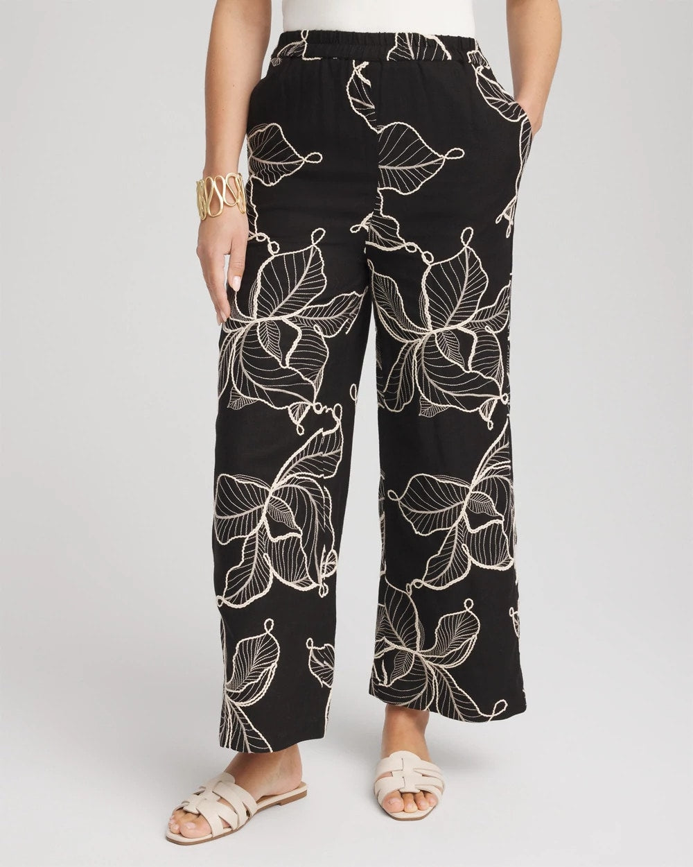 Chico's Women | Embroidered Wide-Leg Cropped Pants BLACK