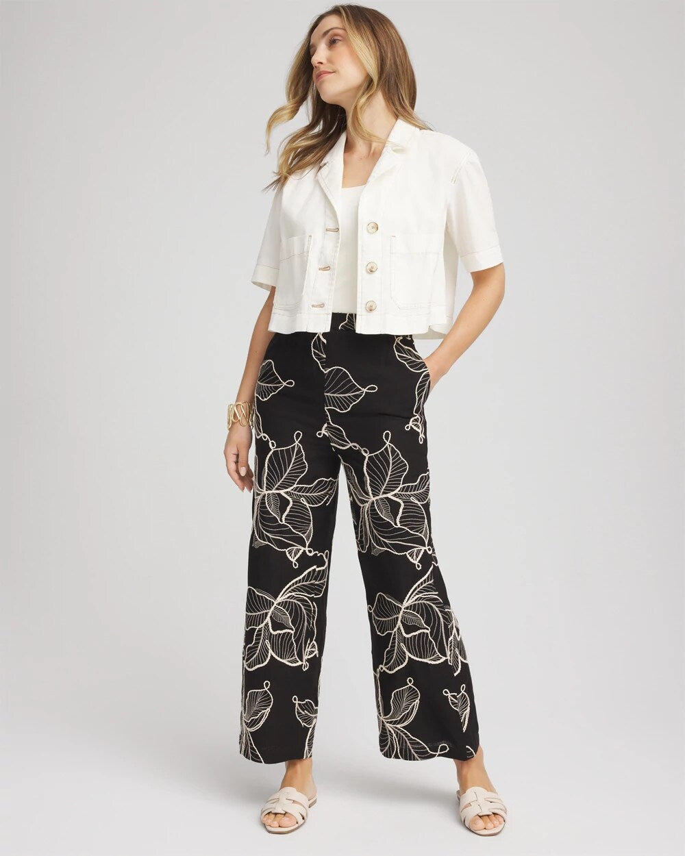 Chico's Women | Embroidered Wide-Leg Cropped Pants BLACK