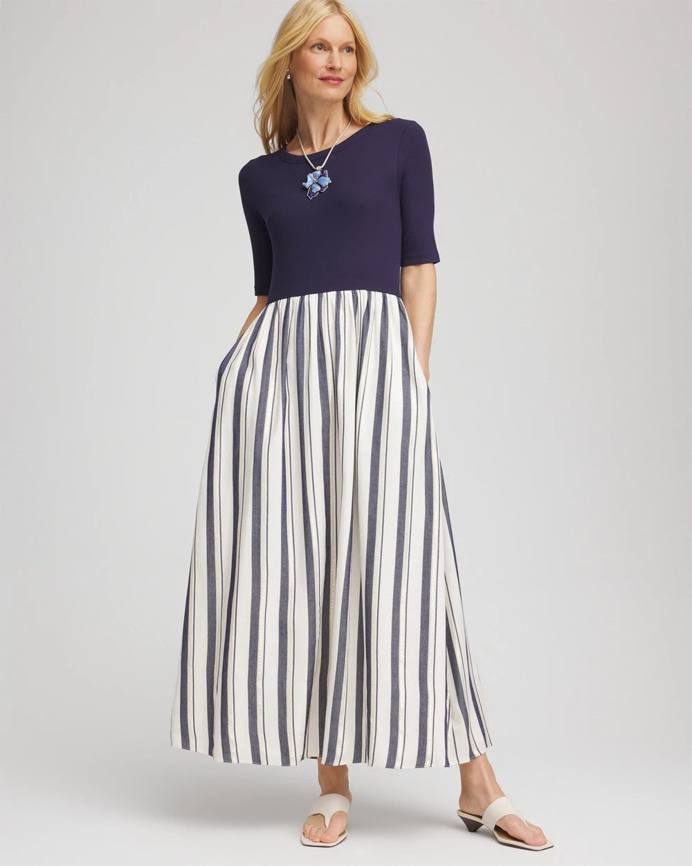 Chico's Women | Mixed Metallic Striped Maxi Dress ECRU