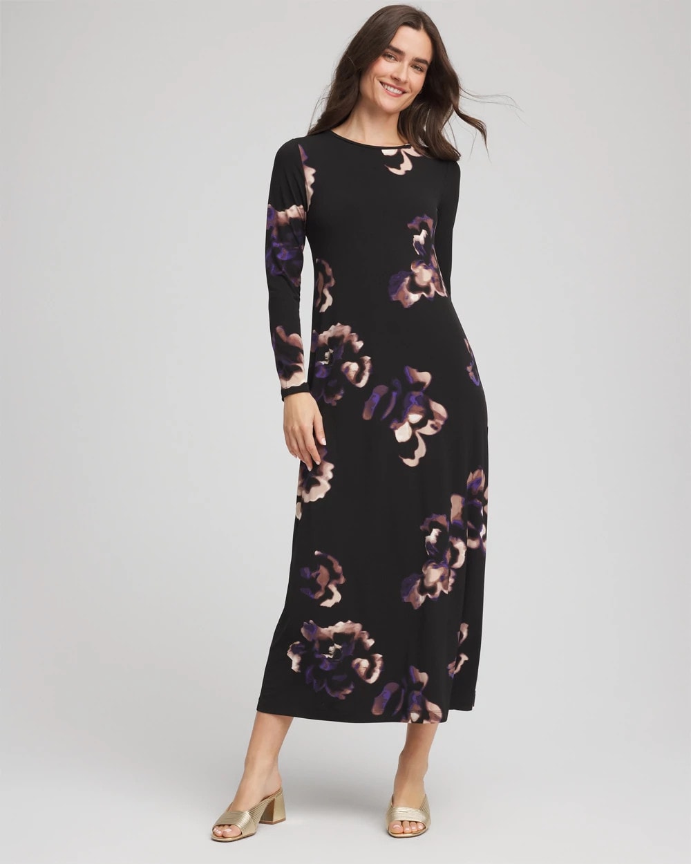 Chico's Women | Floral Boatneck Column Maxi Dress BLACK
