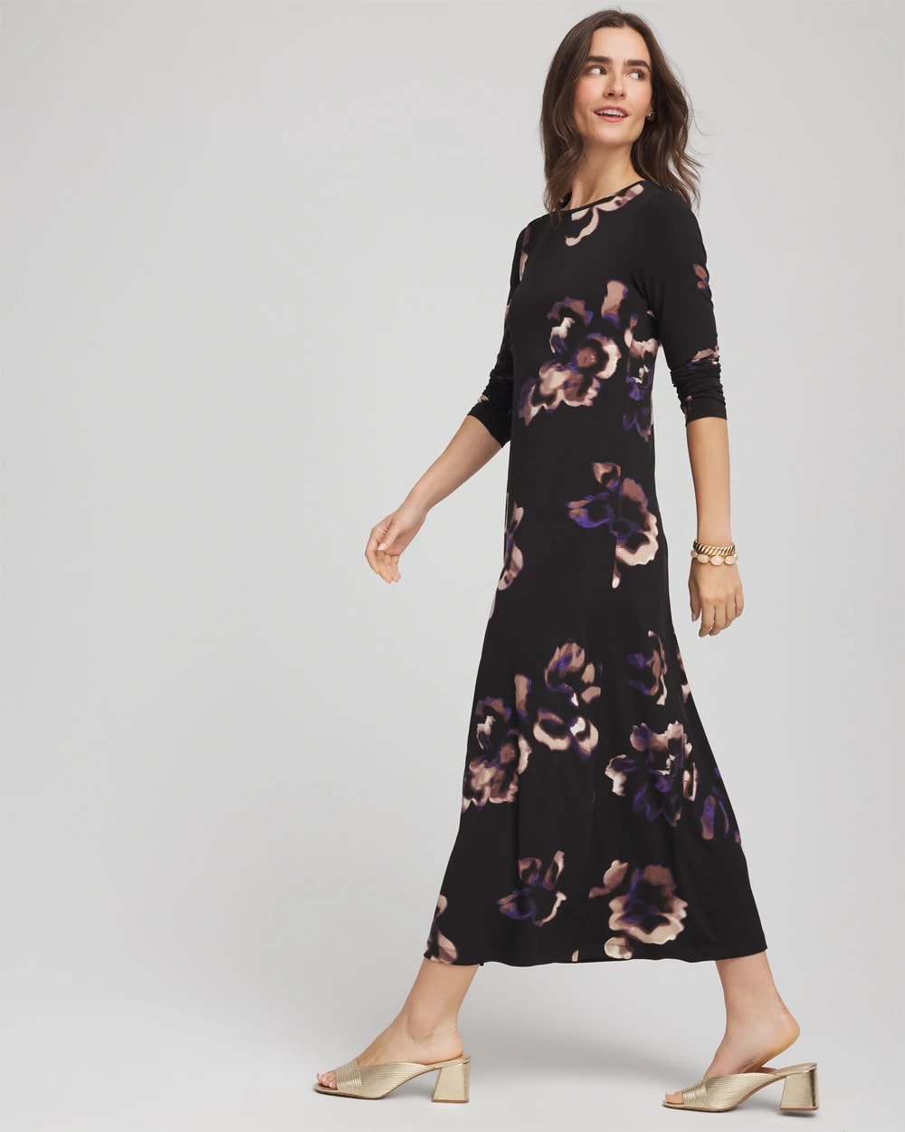 Chico's Women | Floral Boatneck Column Maxi Dress BLACK