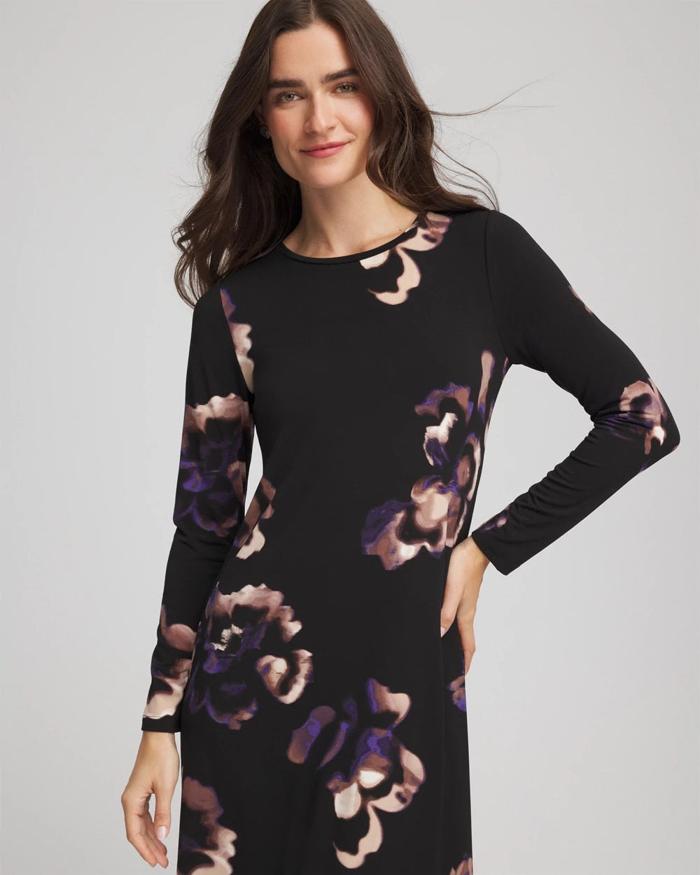 Chico's Women | Floral Boatneck Column Maxi Dress BLACK