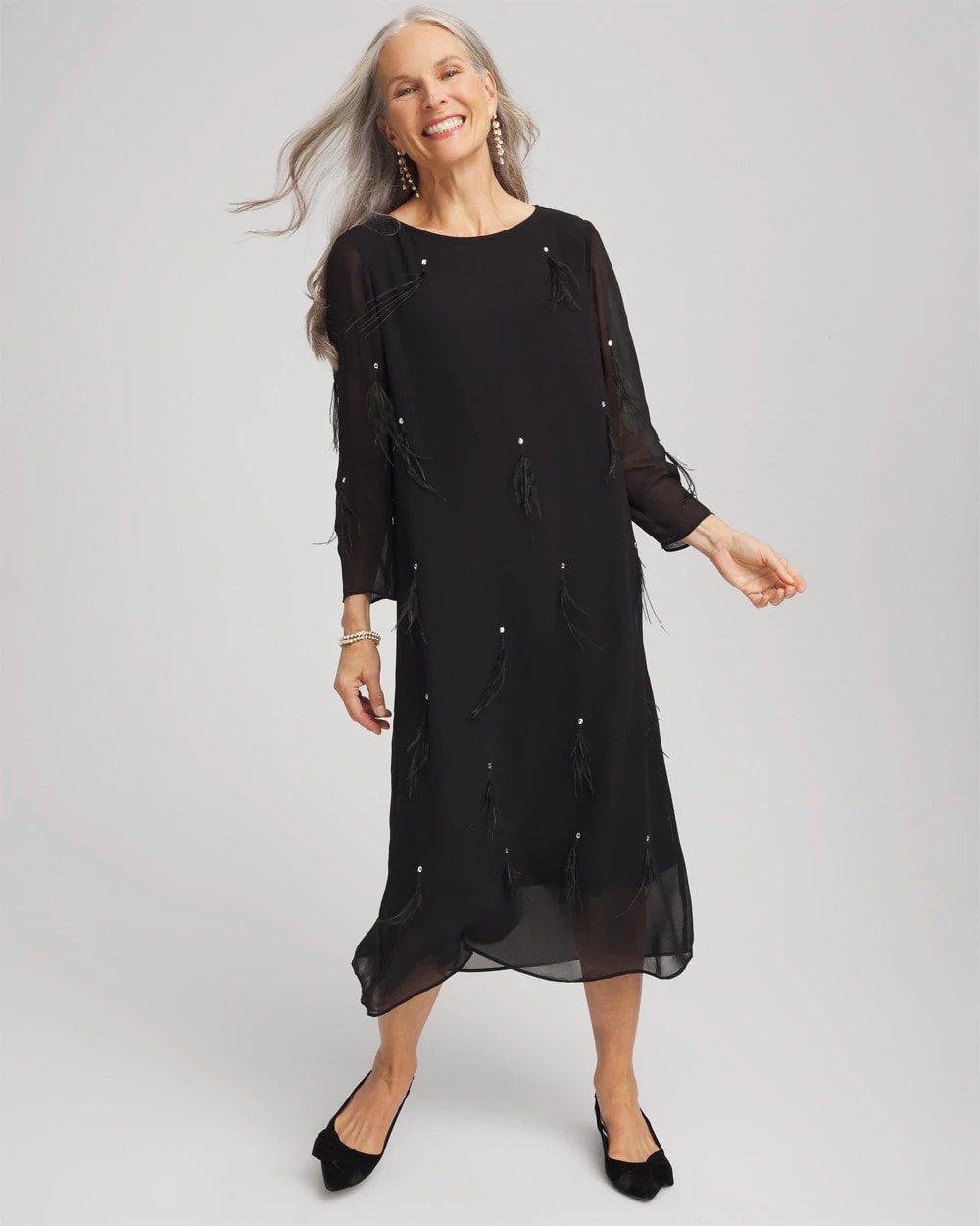 Chico's Women | Feathered Georgette Popover Dress BLACK
