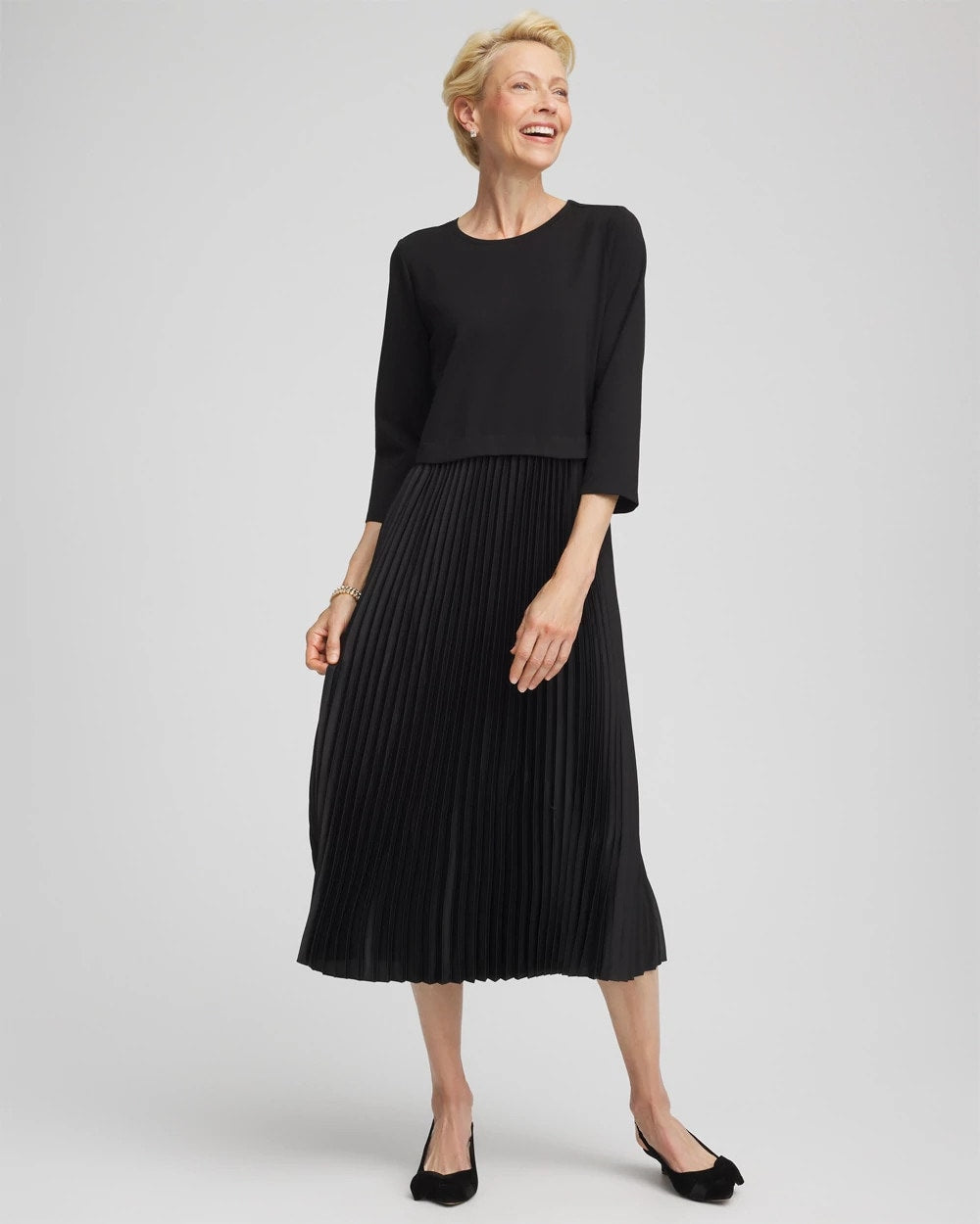 Chico's Women | Satin-Knit Pleated Maxi Dress BLACK