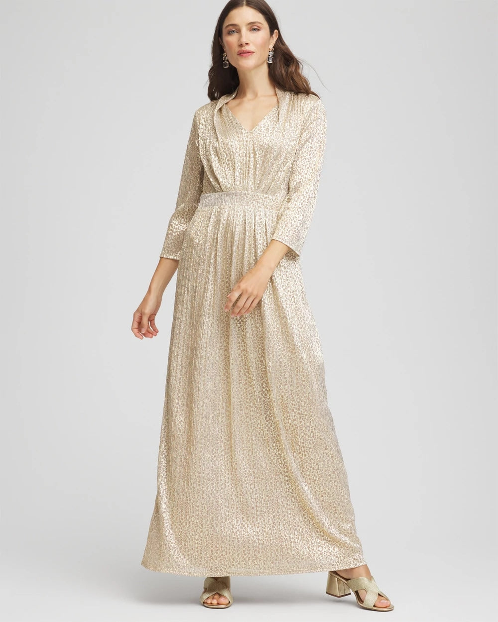 Chico's Women | Metallic Knit Pleated Maxi Dress GOLD