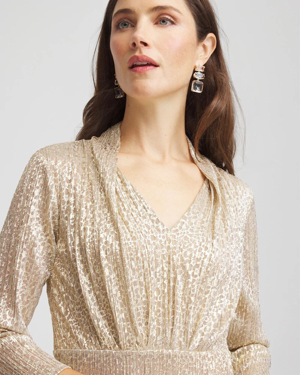 Chico's Women | Metallic Knit Pleated Maxi Dress GOLD