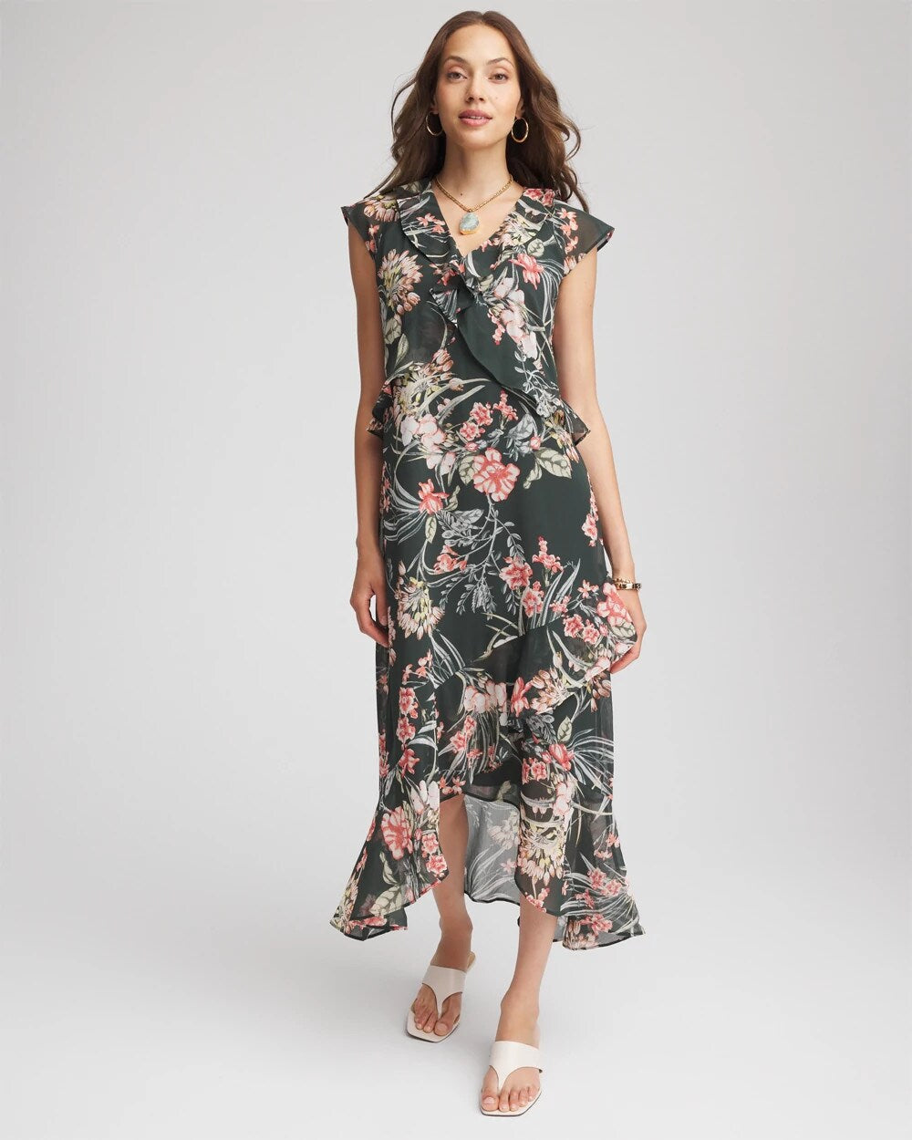 Chico's Women | Floral Ruffle-Trim Chiffon Dress DARKEST SPRUCE