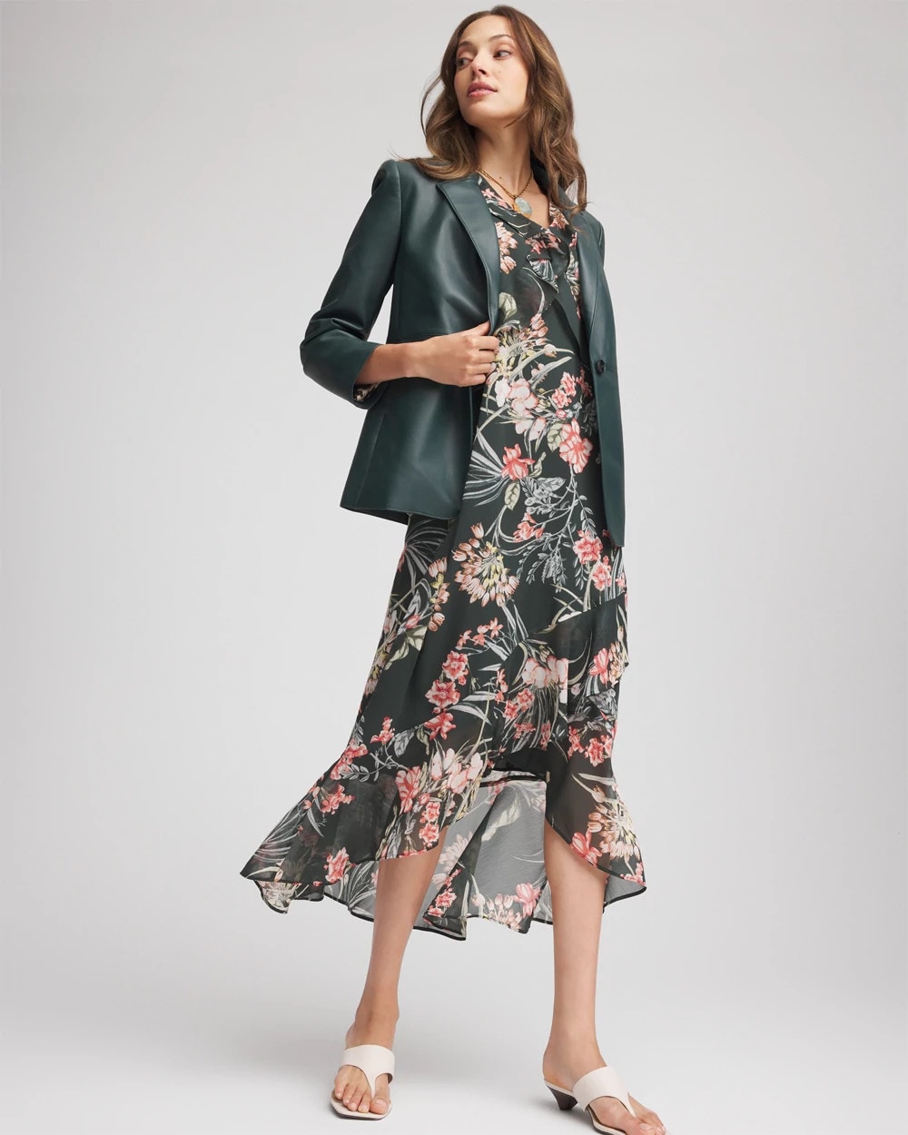 Chico's Women | Floral Ruffle-Trim Chiffon Dress DARKEST SPRUCE