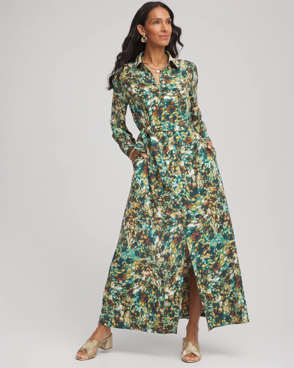 Chico's Women | Printed Long-Sleeved Shirtdress DARKEST SPRUCE