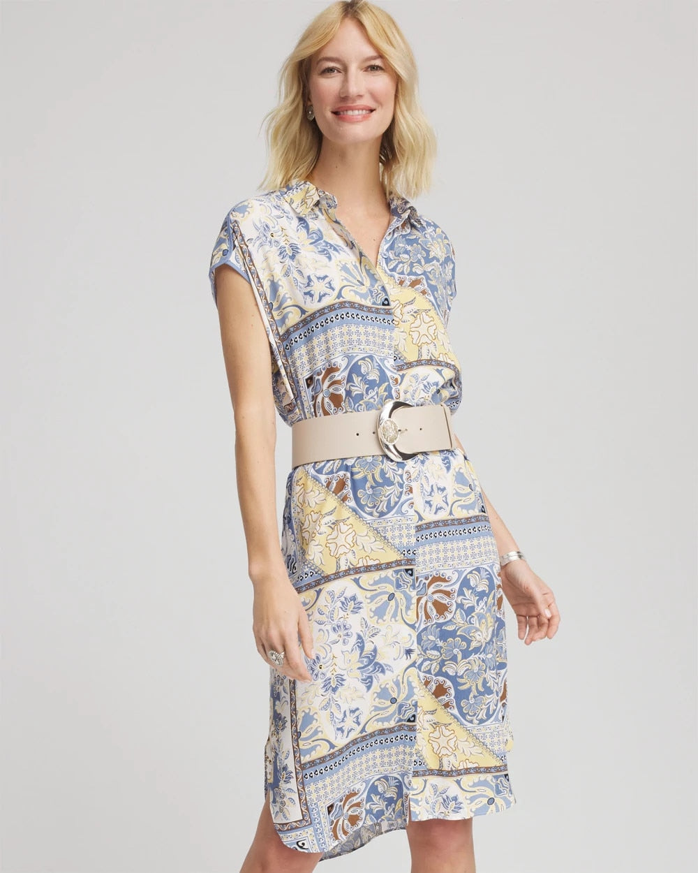 Chico's Women | Floral Patchwork Short Shirtdress ECRU