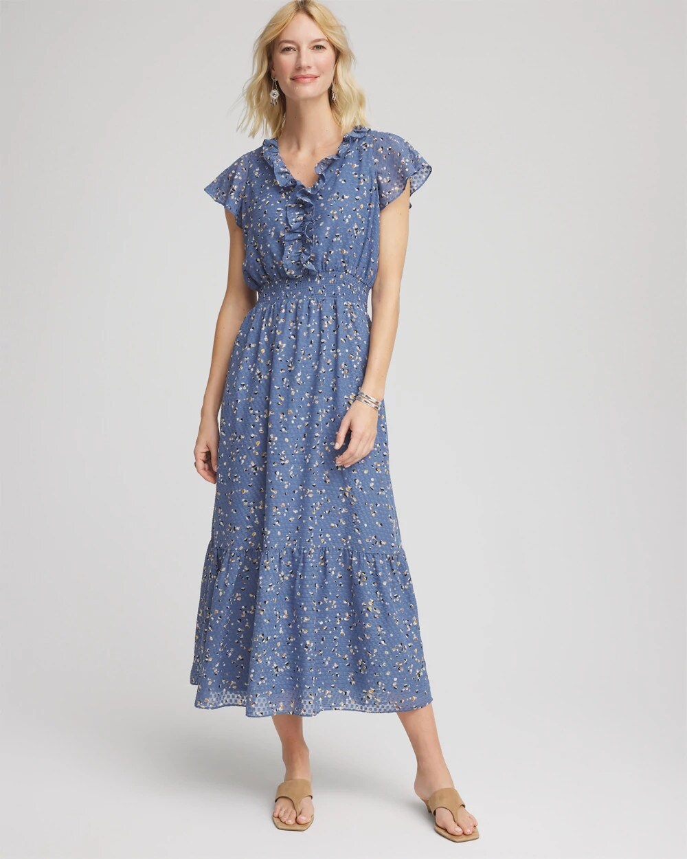 Chico's Women | Textured Ruffled-Placket Maxi Dress BLUE LOTUS