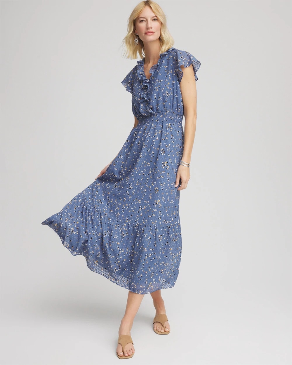 Chico's Women | Textured Ruffled-Placket Maxi Dress BLUE LOTUS