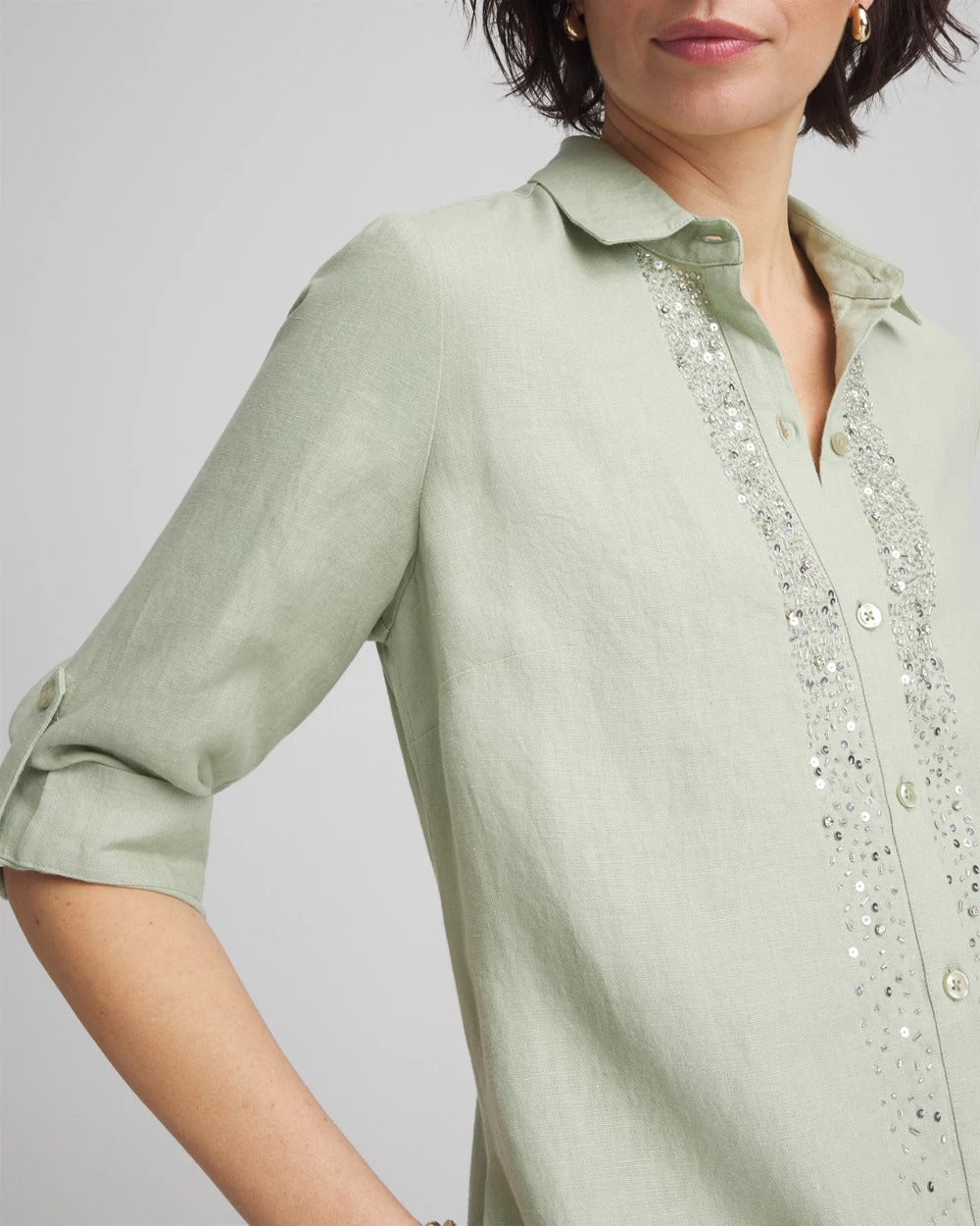 Chico's Women | Linen Embellished Midi Shirt Dress MOROCCAN MINT