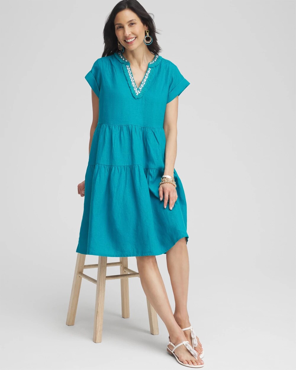 Chico's Women | Linen Embellished Cap Sleeve Dress