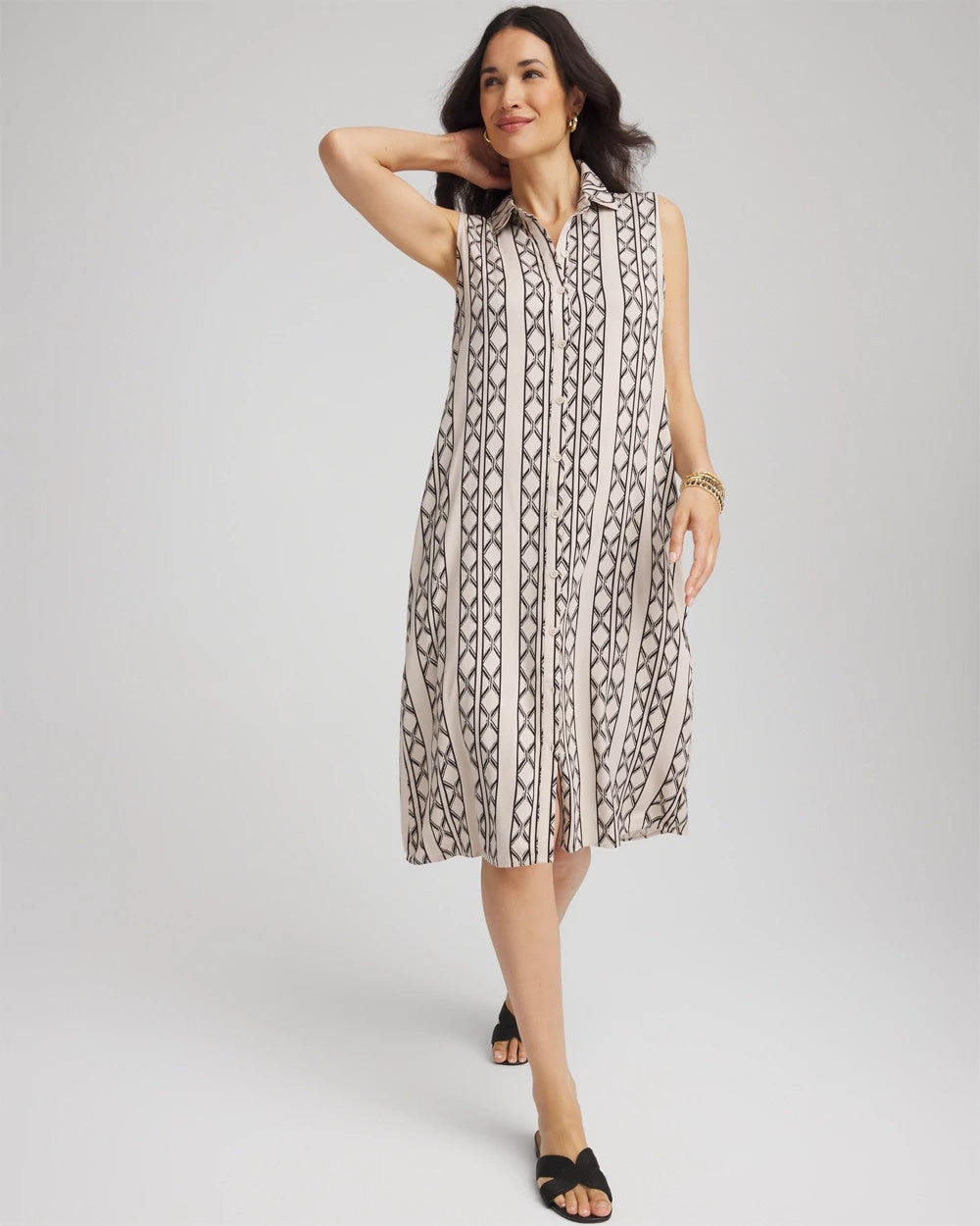 Chico's Women | Printed Sleeveless Silk-Twill Shirtdress BLACK