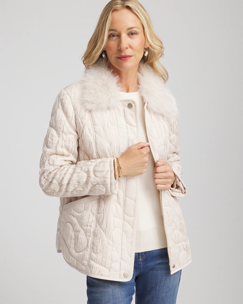Chico's Women | Quilted Faux Fur Collar Jacket CREAM