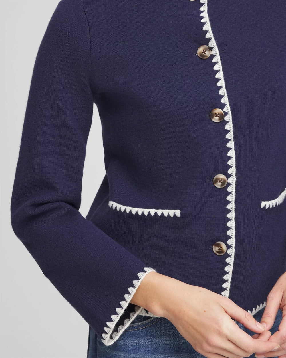 Chico's Women | Blanket Stitch Crewneck Cardigan PASSPORT BLUE