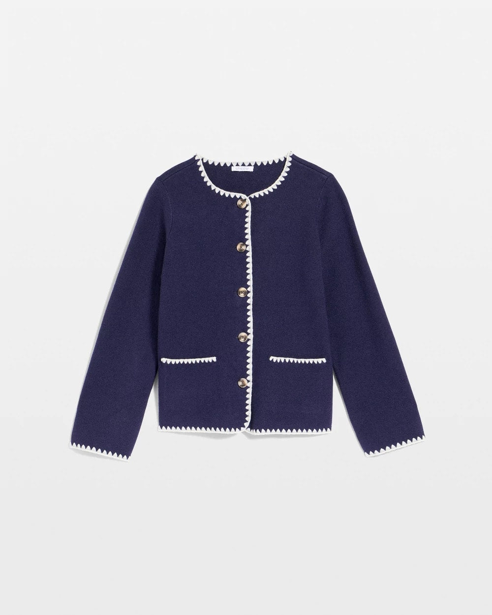 Chico's Women | Blanket Stitch Crewneck Cardigan PASSPORT BLUE
