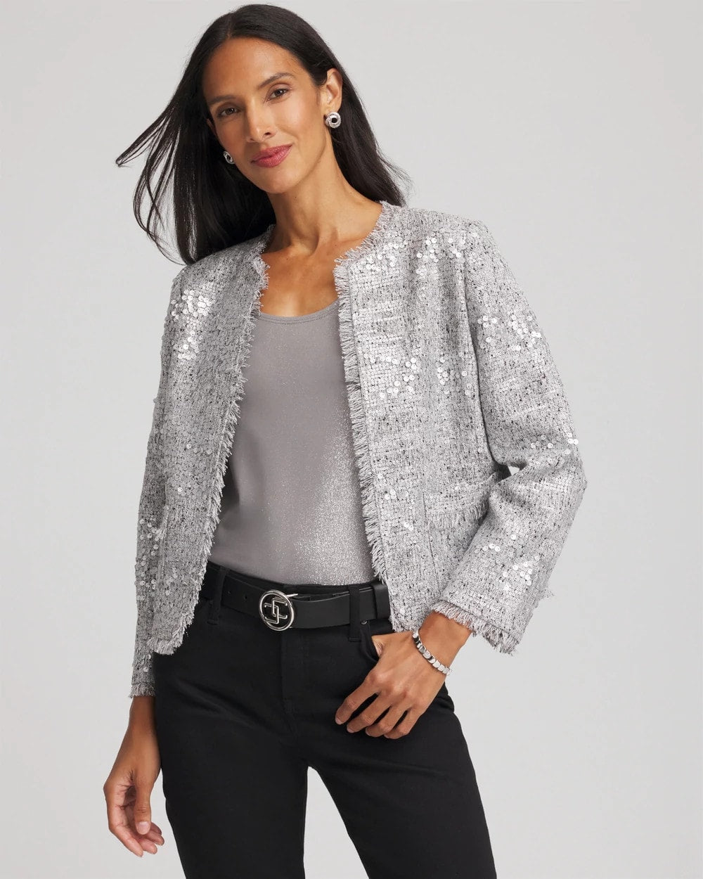 Chico's Women | Silver Sequins Tweed Jacket SILVER
