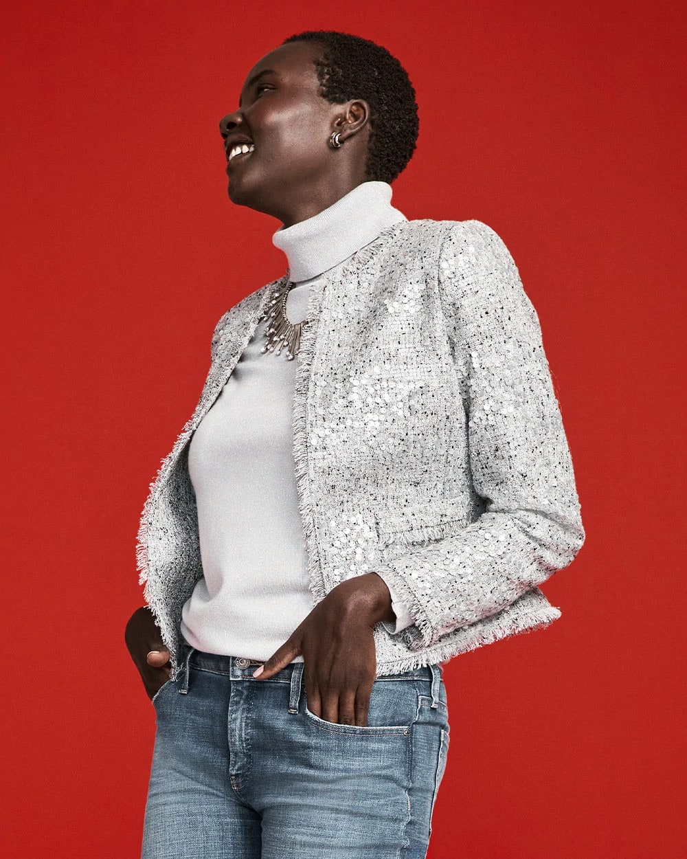 Chico's Women | Silver Sequins Tweed Jacket SILVER