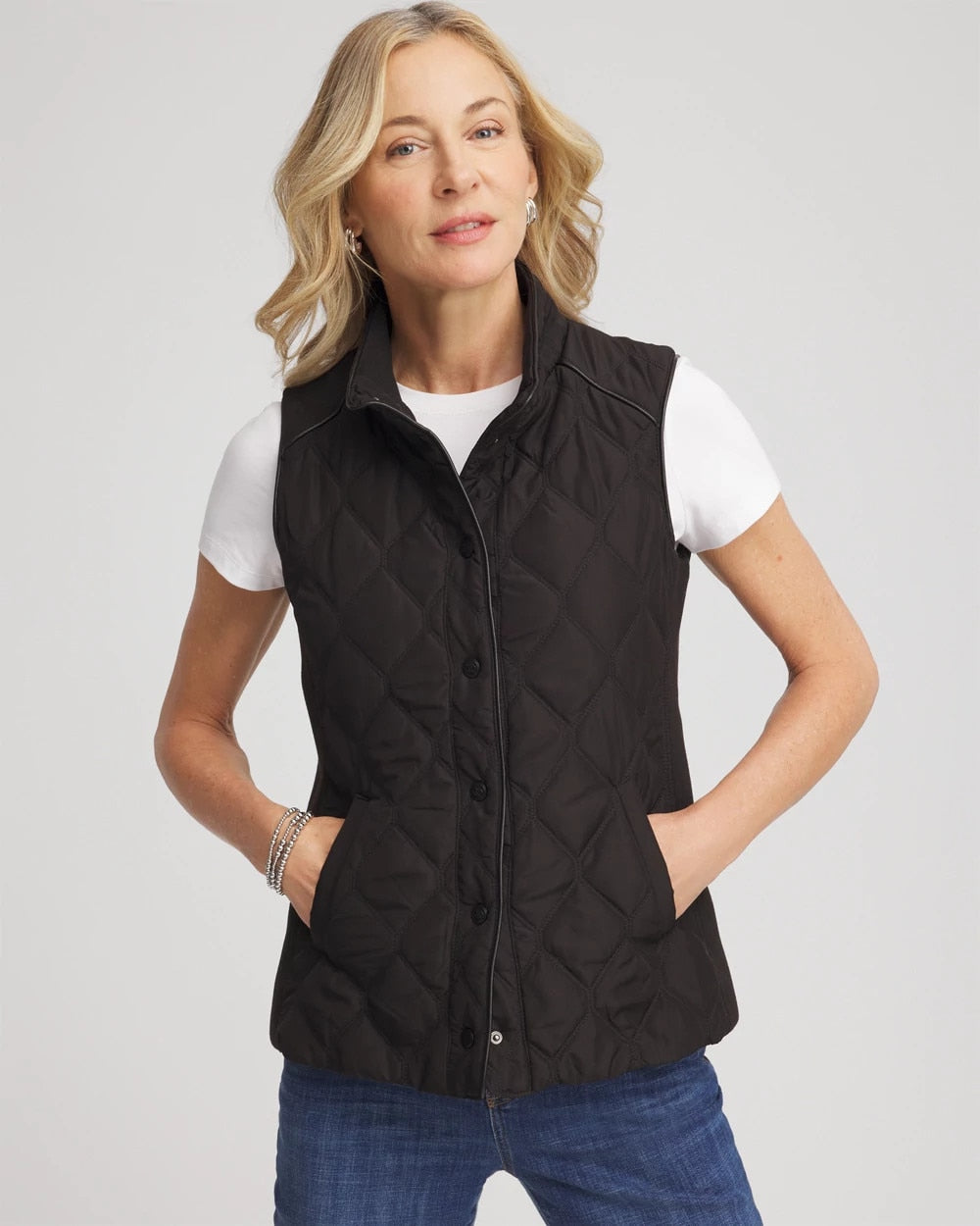 Chico's Women | Rib Trim Quilted Vest BLACK
