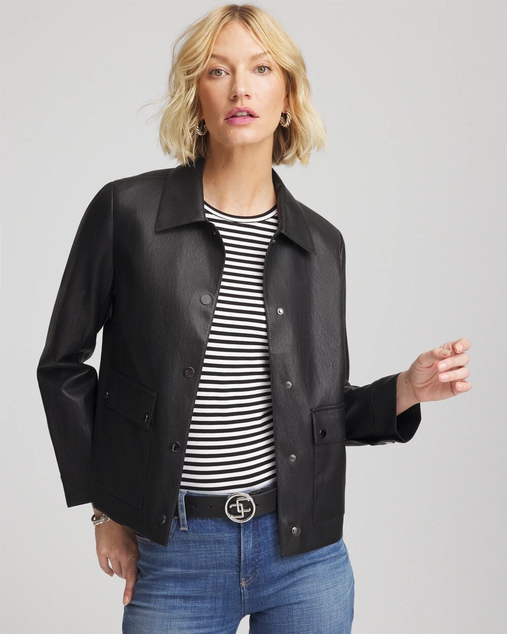 Chico's Women | Snap Front Faux Leather Jacket BLACK