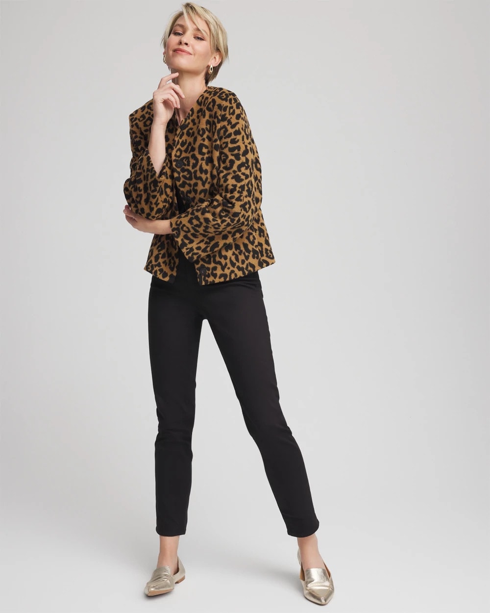 Chico's Women | Fuzzy Collarless Animal Print Jacket CAMEL