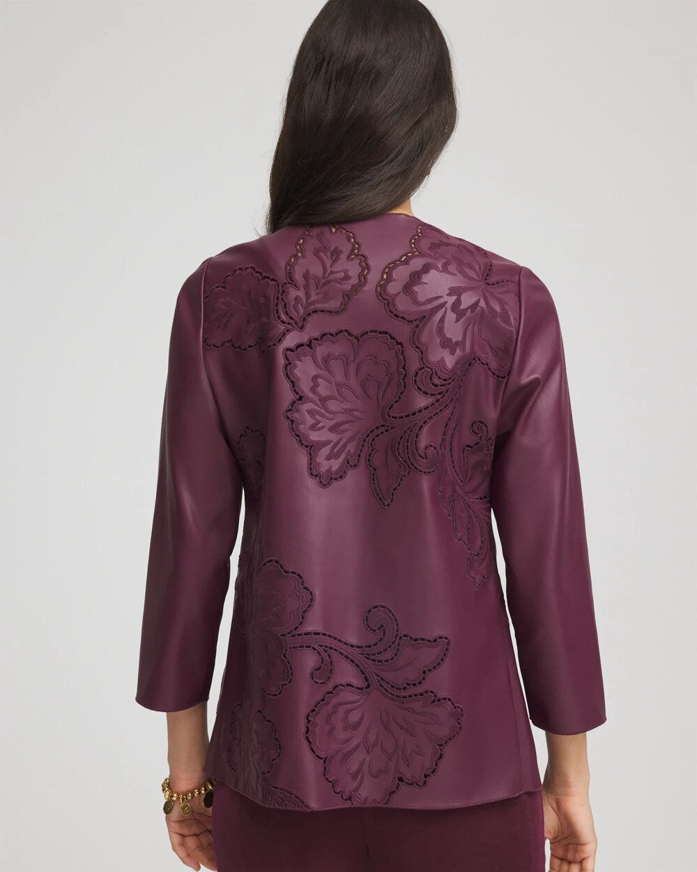 Chico's Women | Travelers™ Collection Faux Leather Embroidered Jacket BLACKENED BURGUNDY