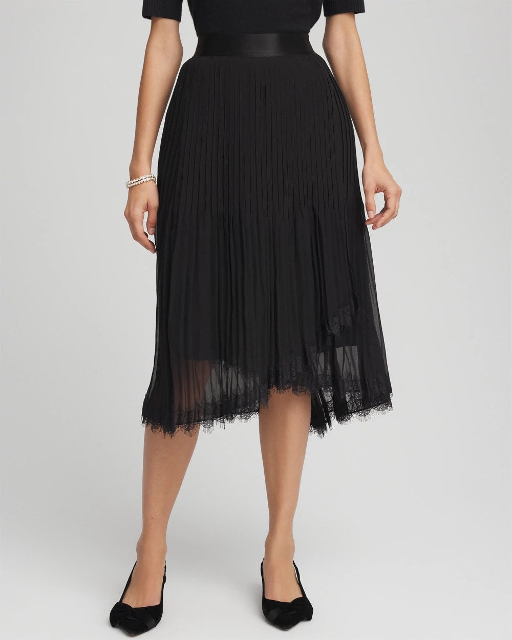 Pleated Lace Hem Midi Skirt
