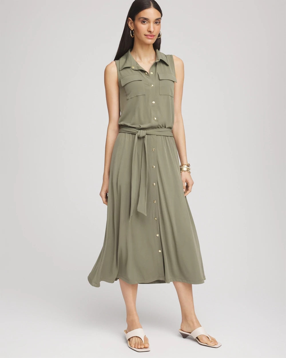 Chico's Women | Travelers™ Knit Sleeveless Shirtdress DUSTY OLIVE