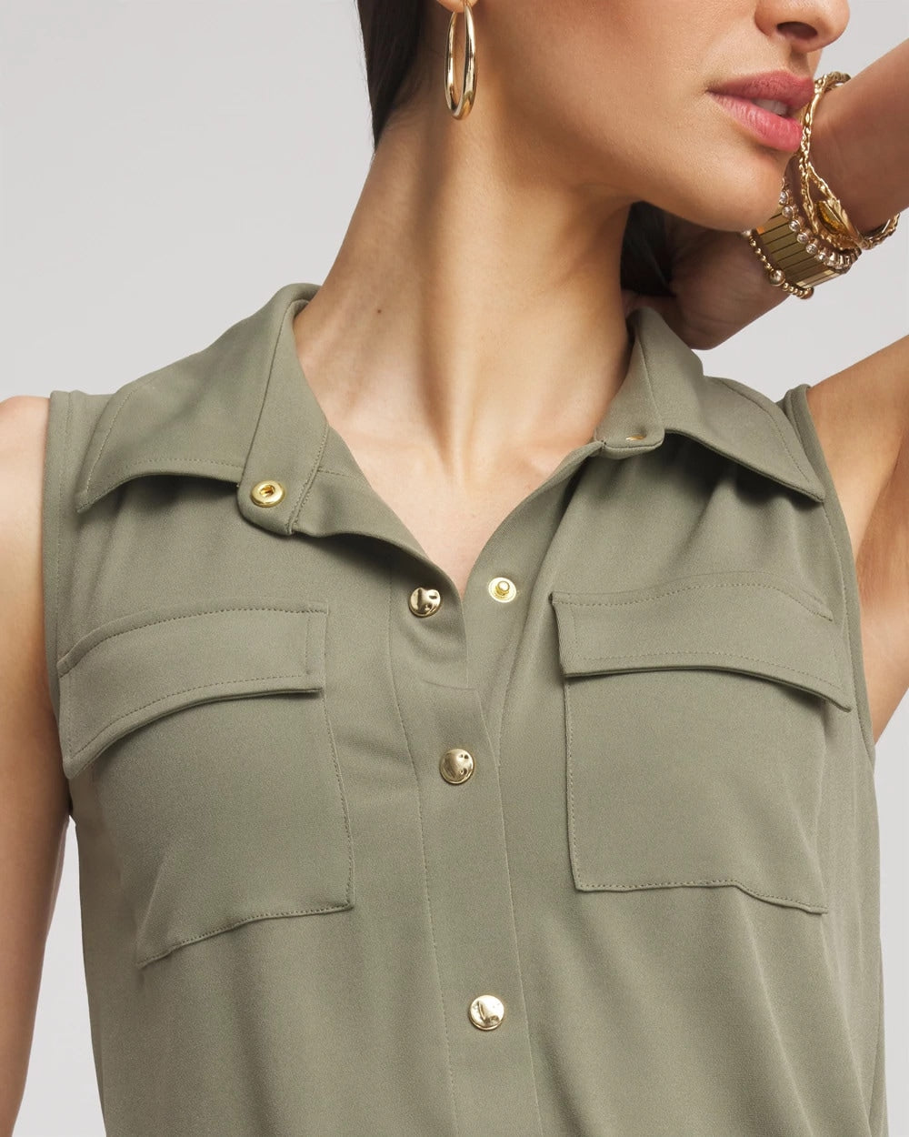 Chico's Women | Travelers™ Knit Sleeveless Shirtdress DUSTY OLIVE