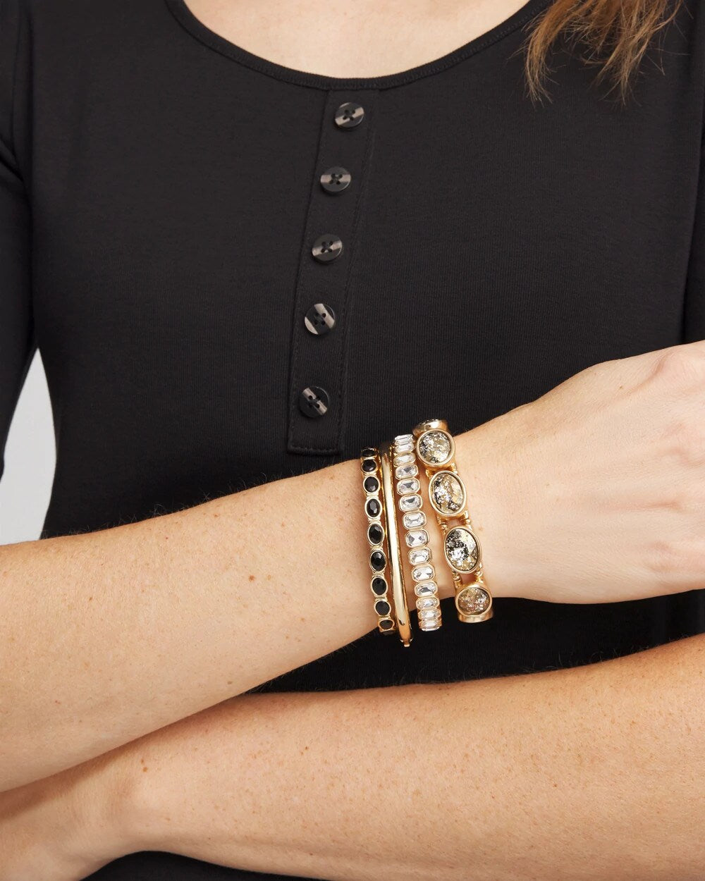 Chico's Women | Small Black Faceted Gem Stretch Cuff Bracelet BLACK