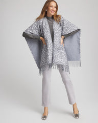 Chico's Women | Reversible Animal Print Fringe Ruana STORM CLOUD