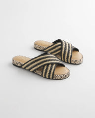 Chico's Women | Striped Raffia Cross-Strap Slide Sandal BLACK RAFFIA