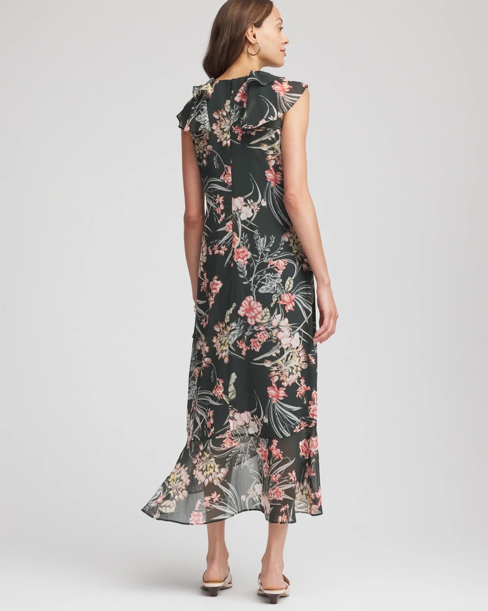 Chico's Women | Petite Floral Ruffle-Trim Chiffon Dress DARKEST SPRUCE